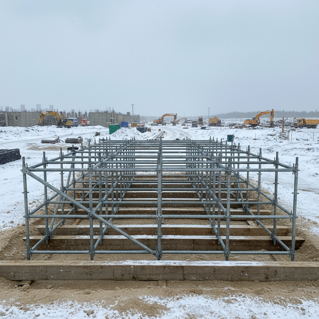 Stabilne metalowe rusztowania ustawione na drewnianych legarach, które spoczywają na starannie przygotowanym, wyrównanym podłożu z piasku. Całość wygląda solidnie i profesjonalnie, a w tle widać ośnieżony teren budowy.