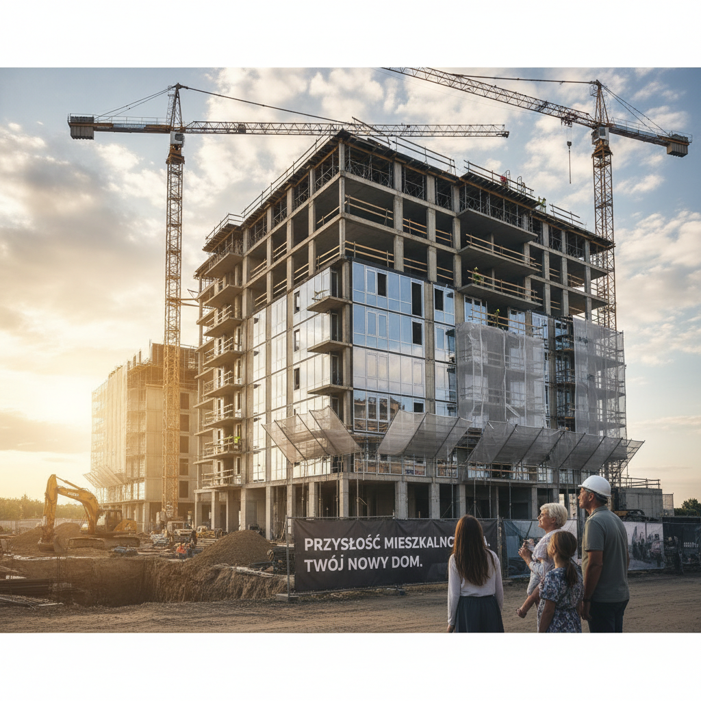 Dynamiczne zdjęcie przedstawiające nowoczesny budynek mieszkalny w budowie, symbolizujące nadzieję i przyszłość mieszkalnictwa.