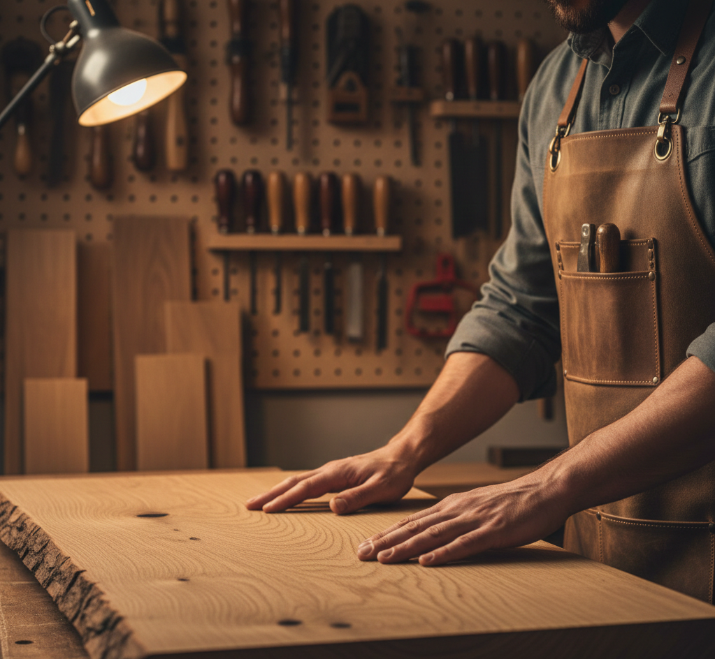 Dłonie rzemieślnika w stylowym, skórzanym fartuchu, gładzące powierzchnię dużej, dębowej deski. W tle widać narzędzia stolarskie i inne deski. Ciepłe, warsztatowe oświetlenie, skupione na detalach drewna.
