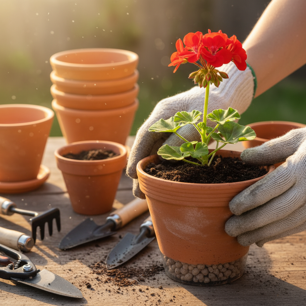 Zbliżenie na dłonie ogrodnika w rękawiczkach, delikatnie umieszczającego sadzonkę kwitnącej, czerwonej pelargonii w terakotowej doniczce wypełnionej ciemną, żyzną ziemią. Na dnie doniczki widać warstwę keramzytu. W tle widać inne przygotowane doniczki i narzędzia ogrodnicze, całość skąpana w ciepłym, porannym słońcu.