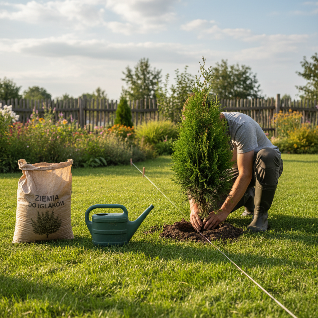 Osoba w ogrodniczych butach klęczy na trawniku i umieszcza sadzonkę tui szmaragdowej w wykopanym dołku. Obok leży worek z ziemią do iglaków i konewka. W tle widać sznur wyznaczający linię przyszłego żywopłotu.