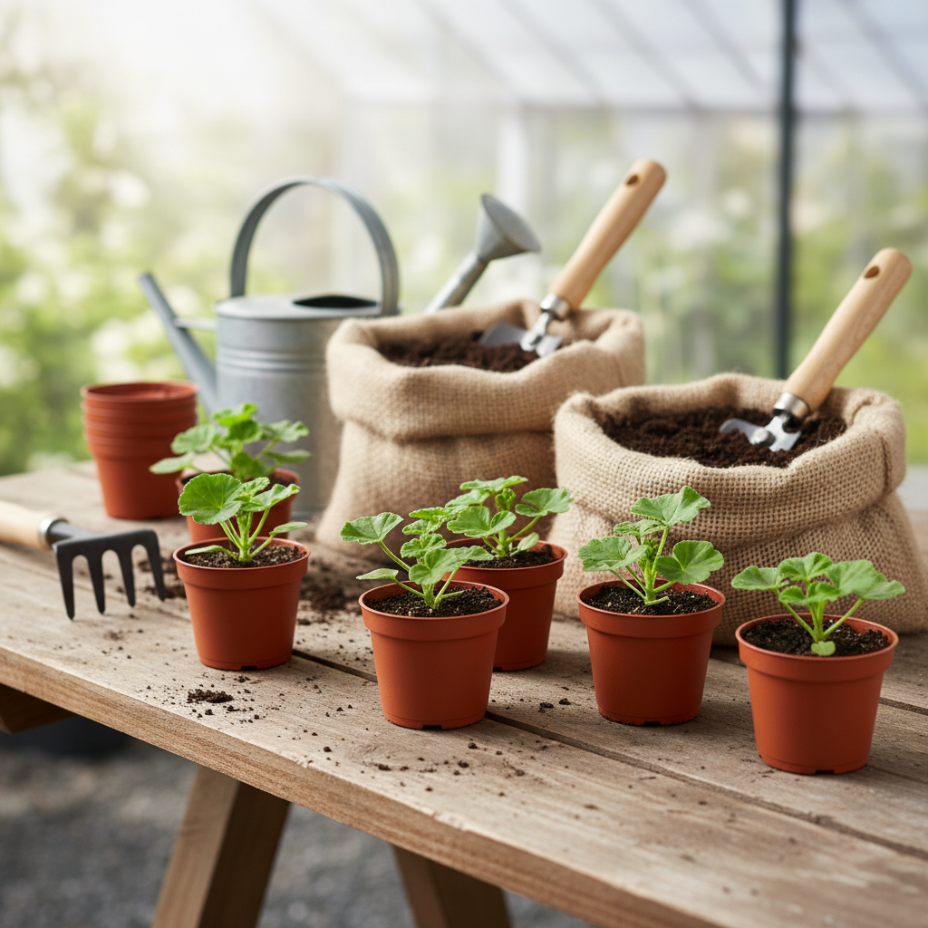 Młode, zielone sadzonki pelargonii w małych doniczkach stojące na drewnianym stole ogrodniczym, gotowe do przesadzenia. W tle widać worki z ziemią i narzędzia.