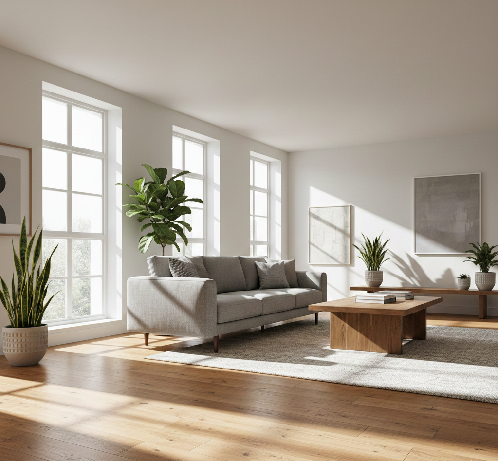 Przestronny, jasny salon w nowoczesnym stylu z dużymi oknami. Centralnym punktem jest piękna, postarzana podłoga dębowa z kolekcji Jean Marc Artisan. Na niej stoi minimalistyczna, szara sofa, stolik kawowy z litego drewna i kilka zielonych roślin w donicach. Światło słoneczne wpada do wnętrza, podkreślając naturalną fakturę i kolor drewna.