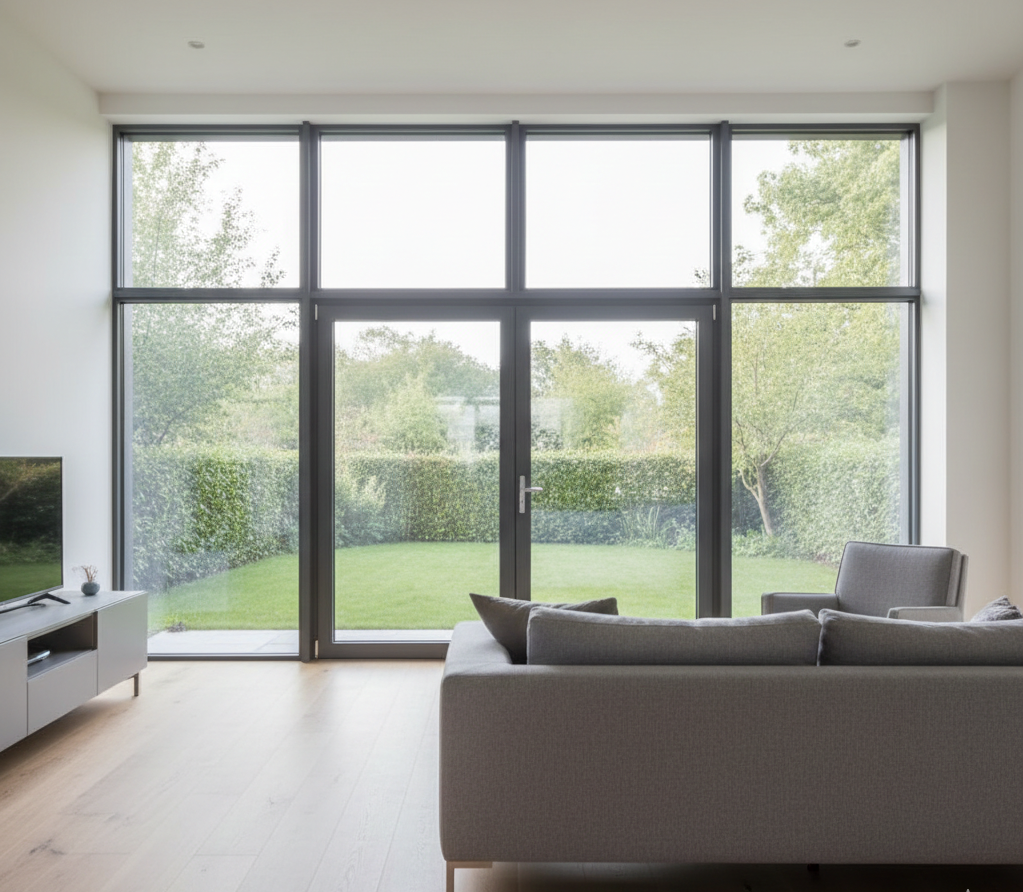Jasny, przestronny salon w nowoczesnym, minimalistycznym stylu. Centralnym punktem są duże, panoramiczne okna od podłogi do sufitu z cienkimi, antracytowymi ramami. Przez okna wpada miękkie, poranne światło, oświetlając drewnianą podłogę i wygodną, szarą kanapę. Widok za oknem to spokojny, zielony ogród.