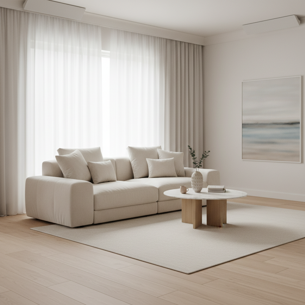 Jasny, minimalistyczny salon z nowoczesną podłogą panelową. Na środku stoi wygodna sofa, a obok niej mały stolik kawowy. Całość emanuje spokojem i ciszą, sugerując doskonały komfort akustyczny.