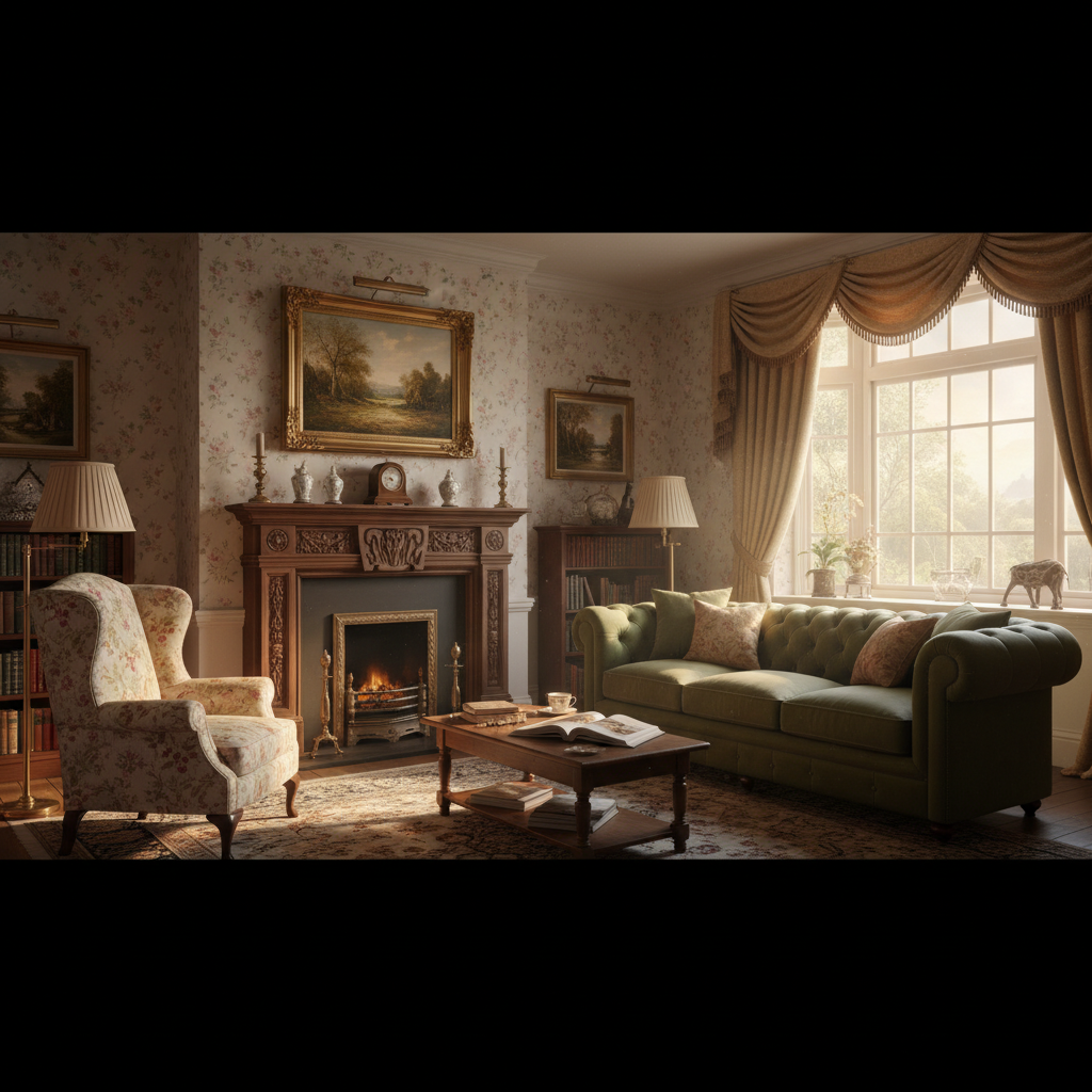 Szerokie ujęcie przytulnego salonu w stylu angielskim, w centrum którego znajduje się elegancki kominek z kamienną lub drewnianą obudową, nad którym wisi obraz w złotej ramie. Przed kominkiem stoi miękka, głęboko pikowana sofa Chesterfield obita welurem w butelkowej zieleni oraz wygodny fotel uszak w kwiecisty wzór. W tle widać ściany pokryte tapetą w delikatne róże, a przez duże okno z ciężkimi, drapowanymi zasłonami wpada ciepłe, popołudniowe światło.
