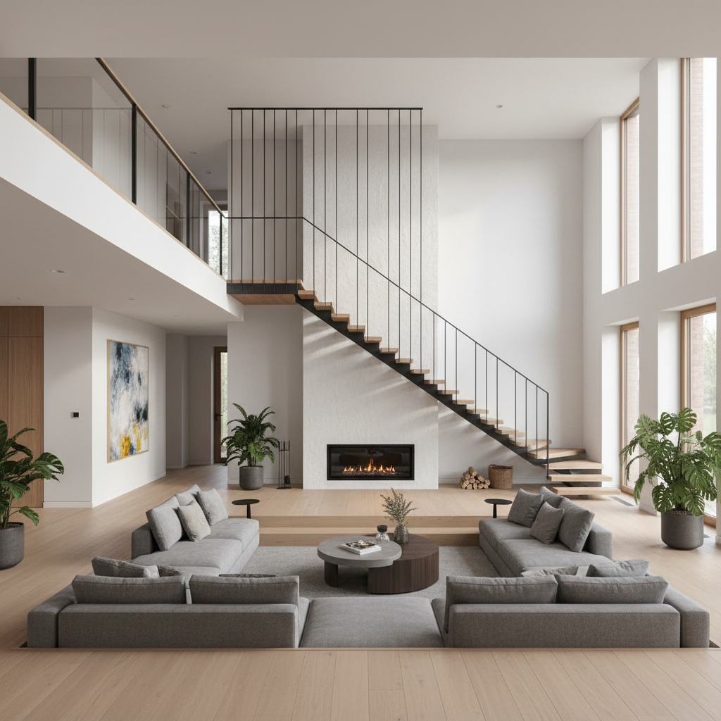 Wnętrze przestronnego, nowoczesnego salonu z widocznym obniżeniem podłogi w strefie wypoczynkowej. Centralnym punktem jest nowoczesny kominek, nad którym biegną eleganckie, ażurowe schody prowadzące na piętro. Wysoki sufit i antresola potęgują wrażenie przestrzeni, a duże okna wpuszczają do środka mnóstwo naturalnego światła.