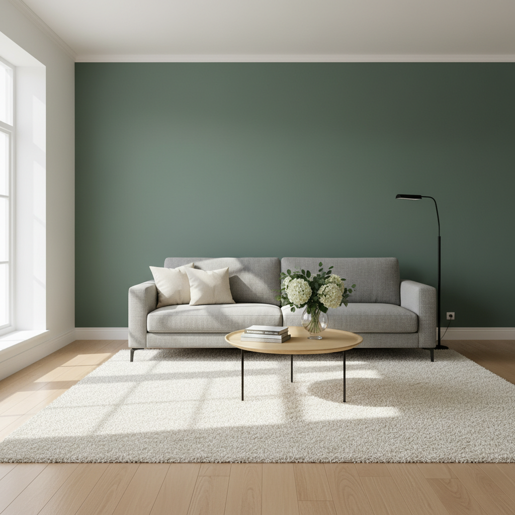 Jasny, przestronny salon z jedną ścianą pomalowaną na głęboki, szałwiowy kolor, co stanowi elegancki akcent. Na tle ściany stoi prosta, nowoczesna sofa w kolorze szarym. Wnętrze jest dobrze oświetlone naturalnym światłem wpadającym przez duże okno. Na podłodze leży puszysty dywan, a obok sofy stoi stolik kawowy z kilkoma książkami i wazonem ze świeżymi kwiatami. Całość tworzy wrażenie harmonii, estetyki i przemyślanego doboru kolorów.