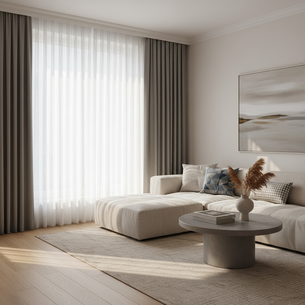 Jasny, przestronny salon z dużym oknem, w którym wiszą eleganckie, długie, szare zasłony i delikatne białe firany z woalu, opadające na drewnianą podłogę. Wnętrze jest urządzone w nowoczesnym stylu, z wygodną sofą i kilkoma stylowymi dodatkami. Słońce delikatnie prześwieca przez tkaniny, tworząc przytulną i ciepłą atmosferę.