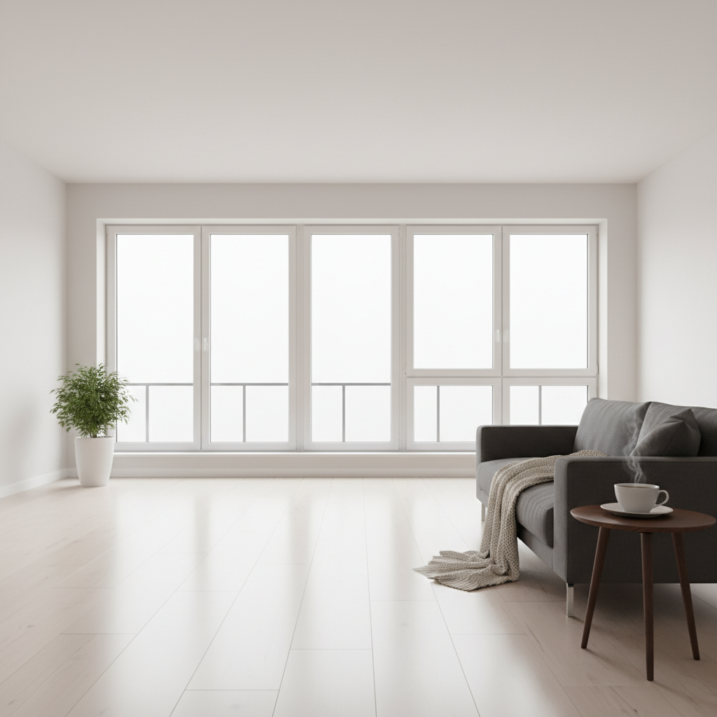 Elegancki, minimalistyczny salon z dużymi oknami i piękną, gładką podłogą z paneli laminowanych. Przestrzeń jest otwarta i niezakłócona przez grzejniki, co podkreśla swobodę aranżacji. Na kanapie leży koc, a obok stoi filiżanka z parującą herbatą, tworząc atmosferę ciepła i komfortu.