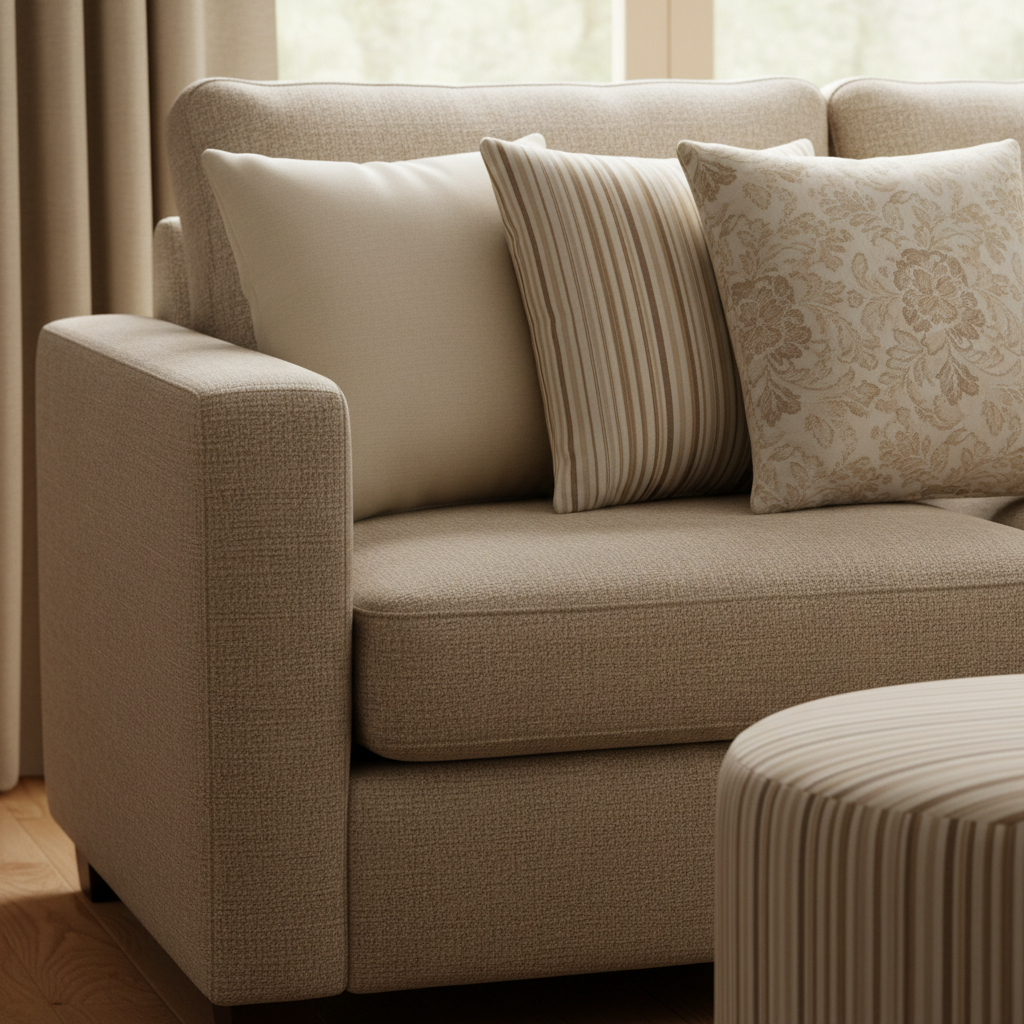 Zbliżenie na narożnik wygodnej, tekstylnej sofy w kolorze beżowym. Na sofie leżą trzy dekoracyjne poduszki z kolekcji Arcana: jedna gładka w kolorze ecru, druga w pionowe, beżowo-brązowe pasy, a trzecia z subtelnym, żakardowym wzorem kwiatowym. Obok sofy stoi miękki puf obity tkaniną w pasy. Przez okno wpada ciepłe, rozproszone światło, podkreślając fakturę materiałów i tworząc atmosferę błogiego relaksu.