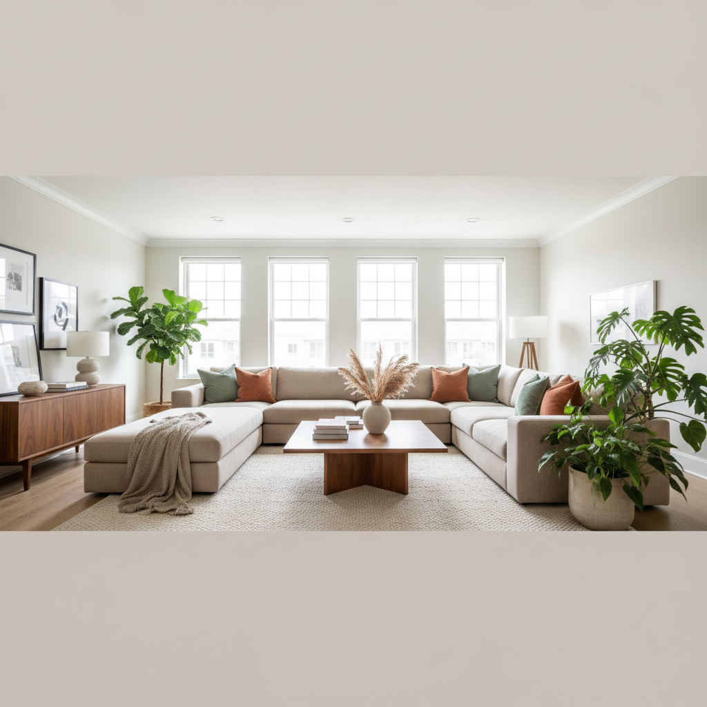 Szerokie ujęcie eleganckiego, jasnego salonu z dużymi oknami wpuszczającymi naturalne światło. W centrum znajduje się duża, modułowa kanapa w neutralnym, beżowym kolorze, ozdobiona kilkoma poduszkami w odcieniach zieleni i terakoty. Wokół kanapy widać stylowy drewniany stolik kawowy, miękki dywan i kilka roślin doniczkowych, co tworzy przytulną i zapraszającą atmosferę.