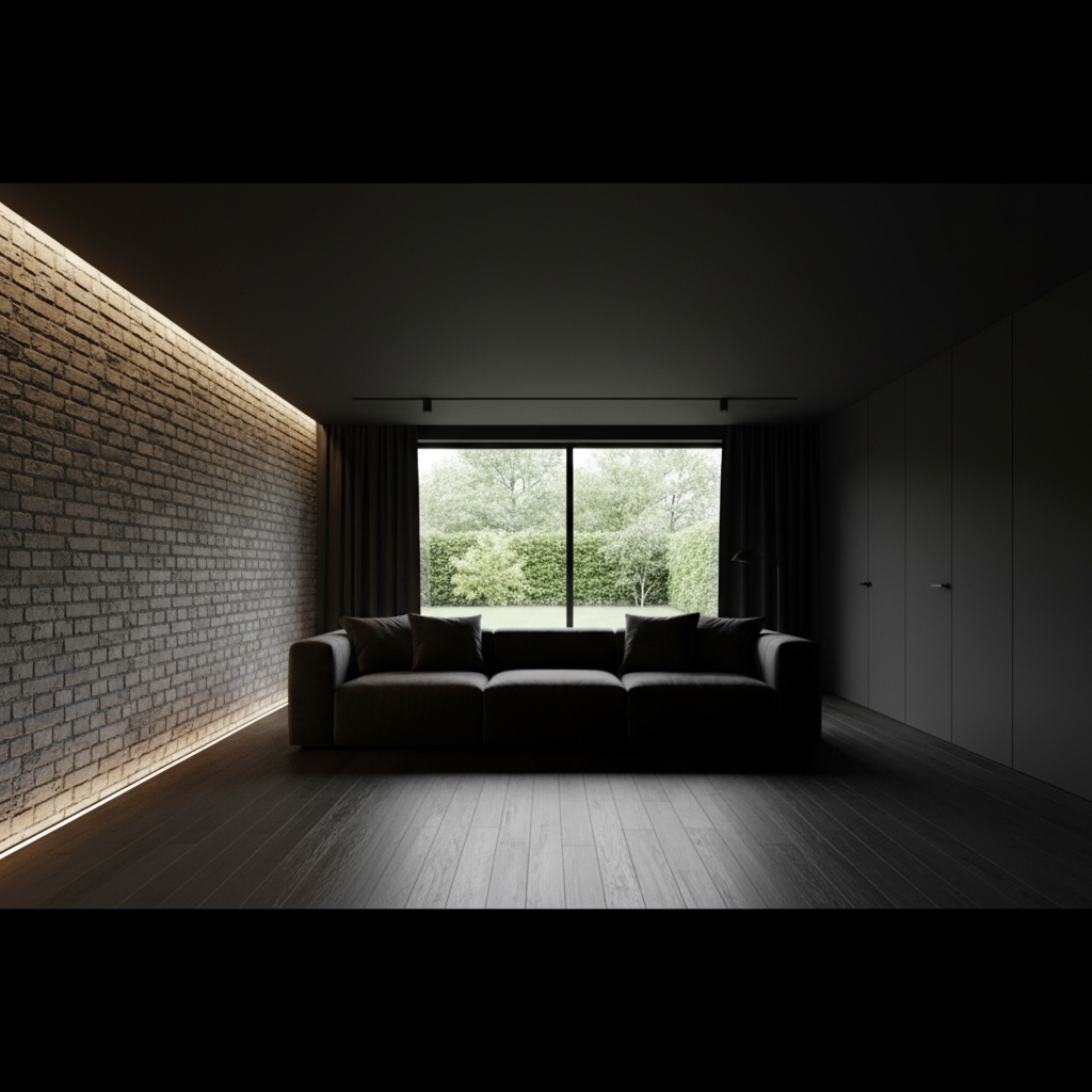 Fotorealistyczne ujęcie przestronnego, nowoczesnego salonu z dominującymi czarnymi ścianami i sufitem. W centrum znajduje się duża, wygodna sofa w ciemnym kolorze. Ciepłe, akcentujące światło pada na ścianę z surowej cegły i podłogę z ciemnego drewna. Duże okno w tle ukazuje zielony ogród, co kontrastuje z ciemnym wnętrzem. Minimalistyczny, ale przytulny nastrój.
