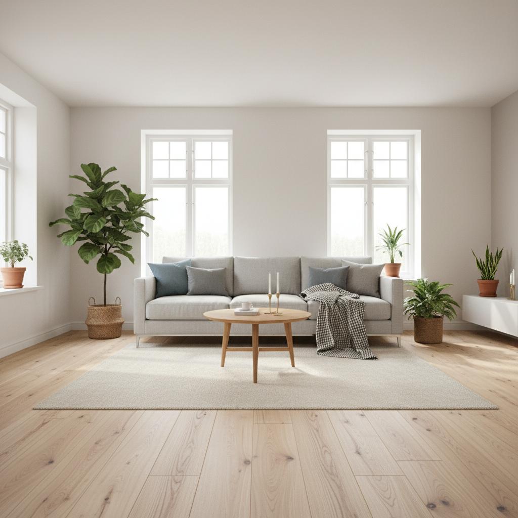 Jasny, przestronny salon w stylu skandynawskim z dużą ilością naturalnego światła wpadającego przez okna. Na podłodze leży piękna, naturalna drewniana deska barlinecka o wyraźnym usłojeniu. W salonie znajduje się minimalistyczna sofa, stolik kawowy i kilka roślin doniczkowych. Całość tworzy ciepłą i przytulną atmosferę.