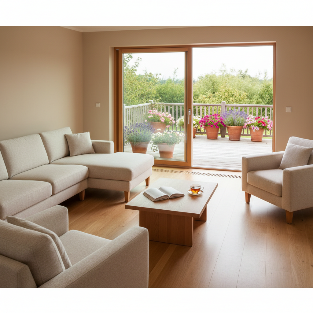 Jasny, przestronny salon z wygodną kanapą i fotelami, urządzony w ciepłych, neutralnych kolorach. Duże, ale nie przytłaczające okno tarasowe z niskim progiem prowadzi na zadbany taras z kwitnącymi roślinami w donicach. Wnętrze jest minimalistyczne, bez zbędnych dywaników i mebli, co ułatwia poruszanie się. Na stoliku kawowym leży książka i filiżanka herbaty, tworząc atmosferę relaksu i spokoju.