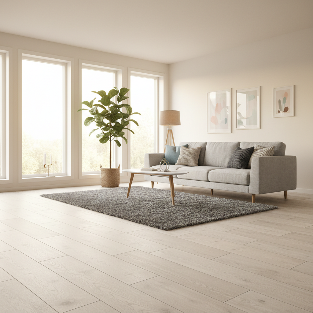 Jasny, przestronny salon w stylu skandynawskim z dużymi oknami. Na podłodze widoczne są wysokiej jakości płytki ceramiczne idealnie imitujące jasne, bielone deski dębowe. Na podłodze leży miękki, szary dywan, a na nim stoi nowoczesna sofa i stolik kawowy. Wnętrze jest ciepłe, przytulne i pełne naturalnego światła.