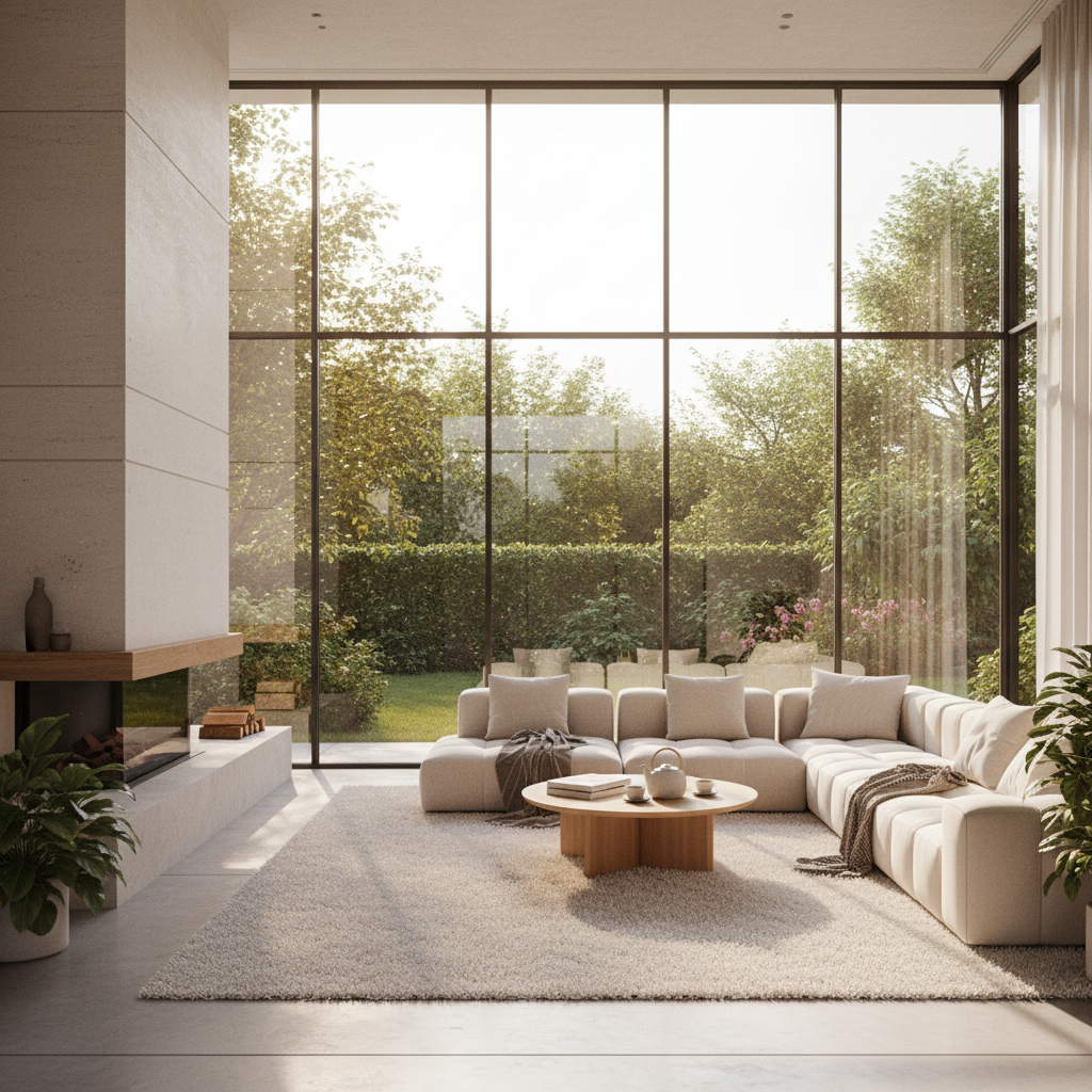 Jasny, przestronny salon w nowoczesnym domu z ogromnymi oknami od podłogi do sufitu, przez które widać piękny, zielony ogród. Wnętrze jest minimalistyczne, ale przytulne, z wygodną sofą, miękkim dywanem i kominkiem. Delikatne, ciepłe światło słoneczne wpada do środka, tworząc atmosferę spokoju i luksusu. Całość ma sprawiać wrażenie ciepła i komfortu mimo dominacji szkła.