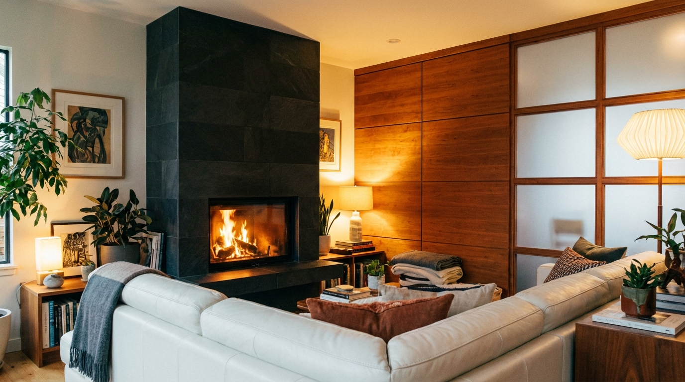 Przytulny kącik wypoczynkowy w salonie w stylu eklektycznym. Centralnym punktem jest nowoczesny kominek obłożony ciemnym, grafitowym bazaltem. Obok znajduje się ściana wykończona panelami z ciepłego, koniakowego drewna akacji i mlecznego szkła. Na pierwszym planie widać fragment dużego, białego skórzanego narożnika. Oświetlenie jest ciepłe i nastrojowe.