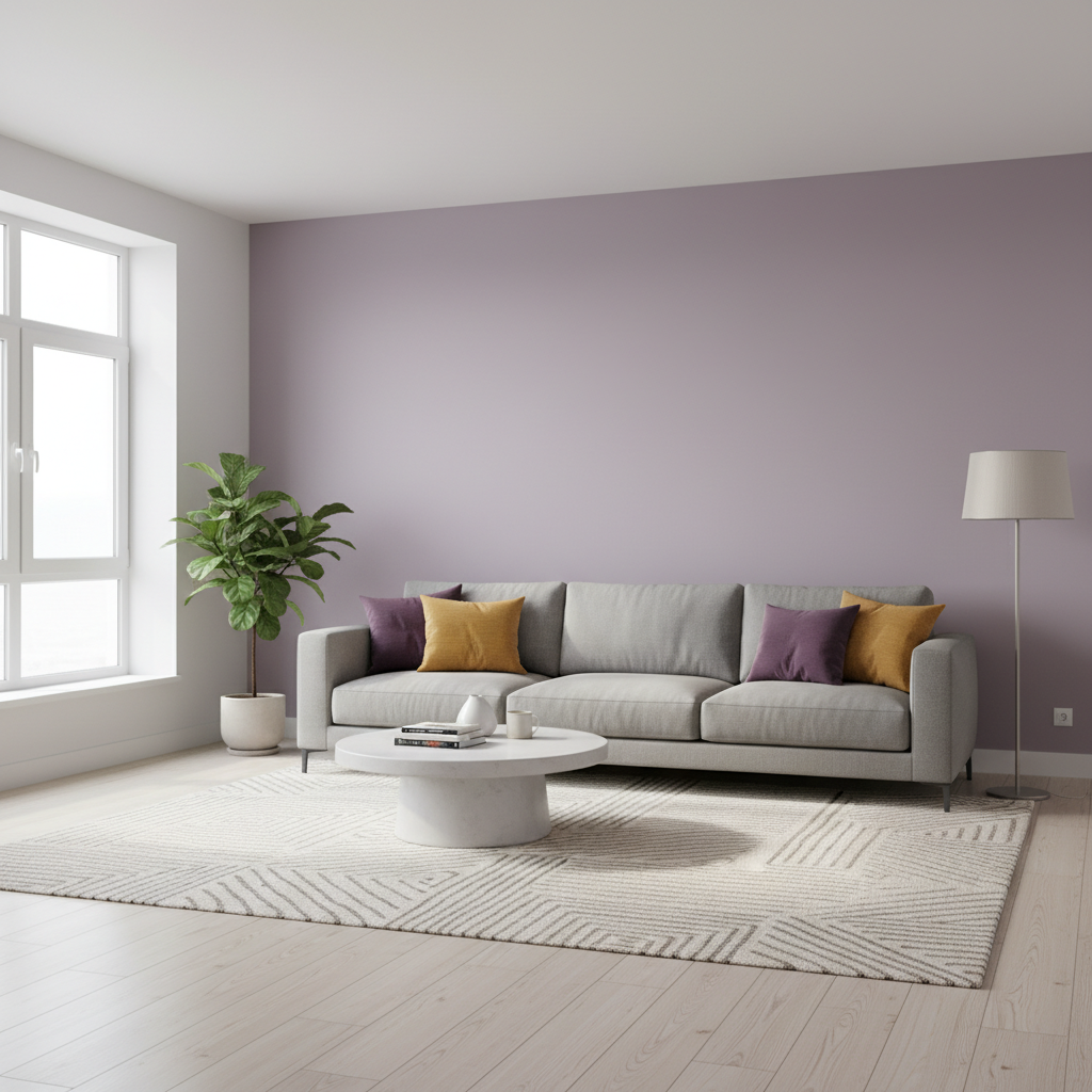 Nowoczesny, jasny salon z jedną ścianą akcentową pomalowaną na kolor jasnego fioletu (wrzosowy). Przed ścianą stoi duża, wygodna sofa w kolorze szarym. Na sofie leżą poduszki w odcieniach żółci i głębszego fioletu. Na podłodze jasne, drewniane panele i dywan o ciekawej fakturze. Duże okno wpuszcza mnóstwo naturalnego światła. Wnętrze jest minimalistyczne, ale przytulne.