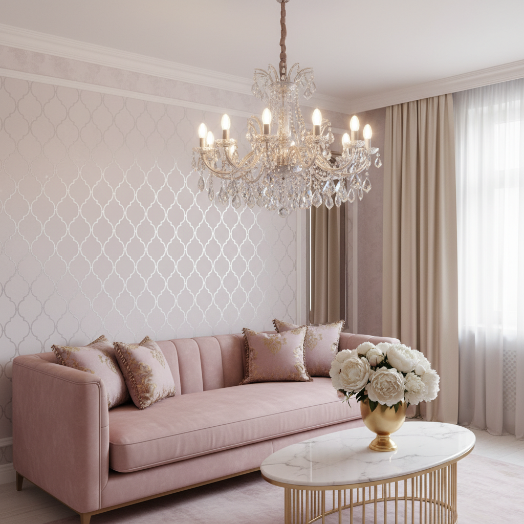 Szerokie ujęcie luksusowego salonu w stylu glamour. W centrum znajduje się welurowa sofa w kolorze pudrowego różu z ozdobnymi, złotymi poduszkami. Nad nią wisi duży, kryształowy żyrandol rzucający ciepłe, rozproszone światło. Na ścianie za sofą widać subtelną, pastelową tapetę z delikatnym, srebrnym wzorem. Na stoliku kawowym z marmurowym blatem stoi złoty wazon ze świeżymi, białymi piwoniami. W tle widać duże okno z lejącymi się, jedwabnymi zasłonami. Całość emanuje elegancją, blaskiem i wyrafinowaniem.
