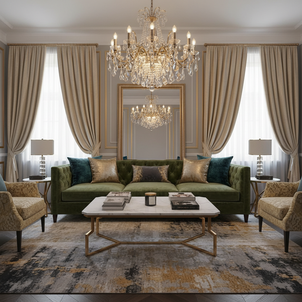 Elegancki salon w stylu glamour. W centrum znajduje się duża, welurowa sofa w kolorze butelkowej zieleni z ozdobnymi poduszkami. W tle widać marmurowy stolik kawowy ze złotymi nogami, kryształowy żyrandol i zasłony z ciężkiego, lejącego materiału. Paleta kolorów jest stonowana, z mocnymi, luksusowymi akcentami.