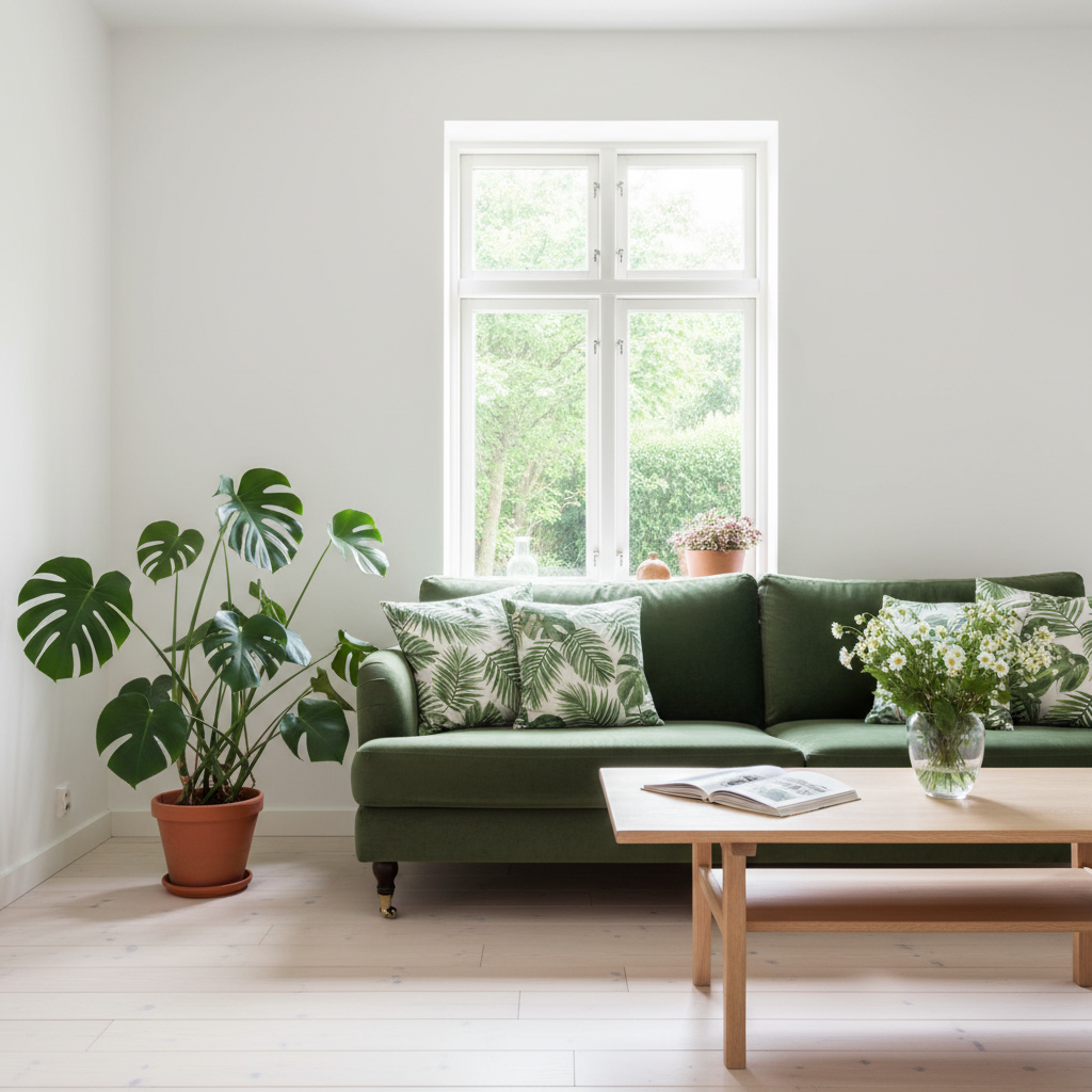 Jasny, przestronny salon w stylu skandynawskim, zalany naturalnym światłem. Na pierwszym planie welurowa sofa w soczystym odcieniu zieleni (Greenery), na niej kilka poduszek z motywami liści. W tle białe ściany, jasna drewniana podłoga i duże okno z widokiem na ogród. Obok sofy stoi duża, żywa roślina doniczkowa (np. monstera). Na stoliku kawowym leży otwarta książka i szklany wazon z białymi kwiatami. Całość emanuje świeżością, harmonią i spokojem.