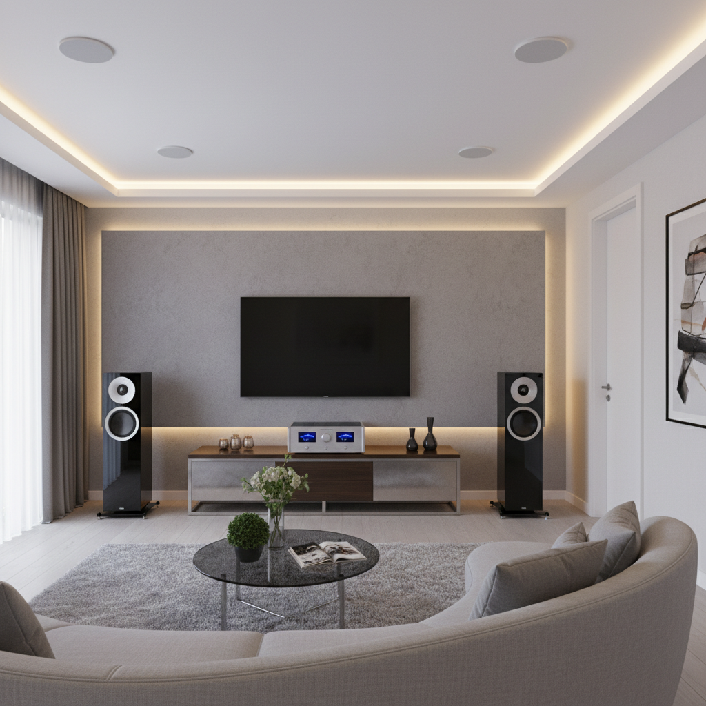 Elegancki salon z nowoczesnym systemem audio Hi-Fi. Na ścianie duży telewizor, a pod nim stylowa szafka RTV z widocznym wzmacniaczem i głośnikami. W suficie dyskretnie zamontowane głośniki systemu multiroom. Wnętrze jest minimalistyczne, z designerskimi meblami, emanujące luksusem i technologią.