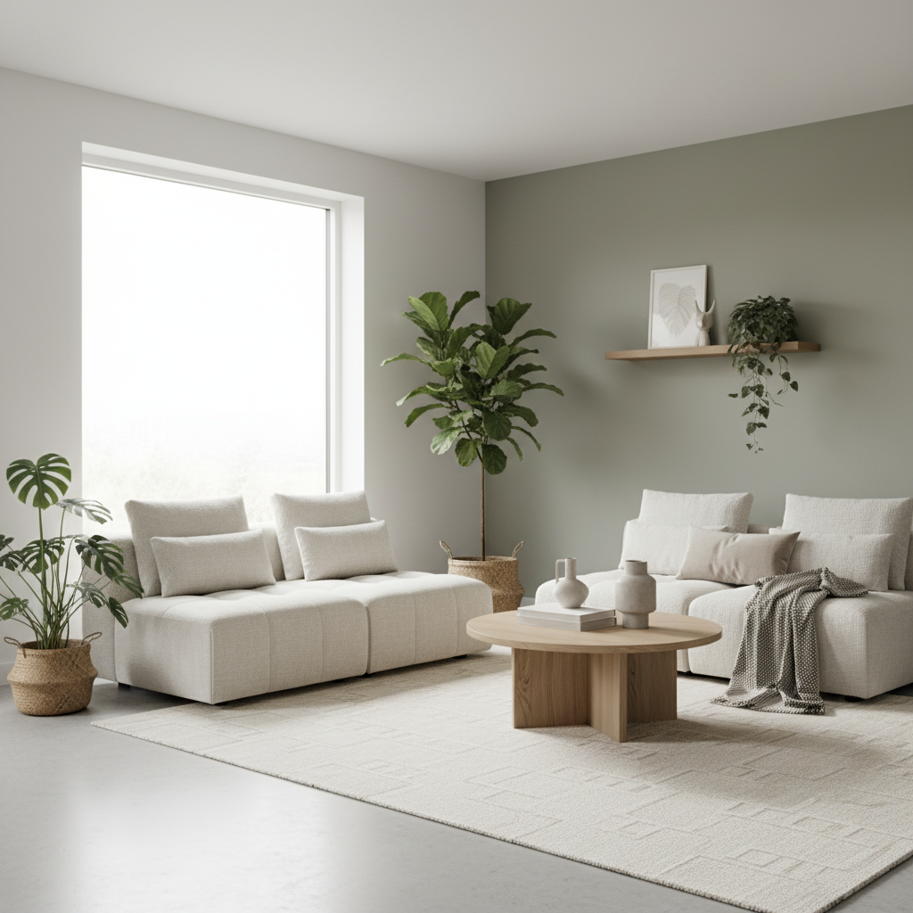 Jasny, przestronny salon urządzony w stylu skandynawskim lub japandi. Dominują w nim neutralne, ciepłe barwy. Jedna ze ścian jest pomalowana na subtelny, szałwiowy odcień zieleni, który stanowi elegancki akcent. Przez duże okno wpada miękkie, naturalne światło, oświetlając wygodną sofę, drewniany stolik kawowy i kilka starannie dobranych roślin. Całość tworzy atmosferę spokoju, harmonii i komfortu, inspirując do świadomego wyboru koloru.