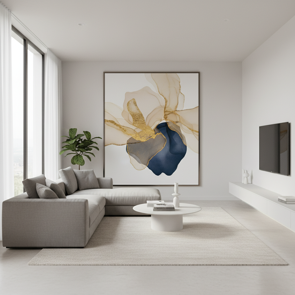 Nowoczesny, jasny salon w stylu minimalistycznym. Na głównej ścianie za szarą sofą znajduje się wielkoformatowy wydruk przedstawiający subtelną, abstrakcyjną kompozycję w odcieniach złota i granatu. Wnętrze jest dobrze oświetlone naturalnym światłem, a dekoracja ścienna stanowi elegancki i artystyczny punkt centralny.