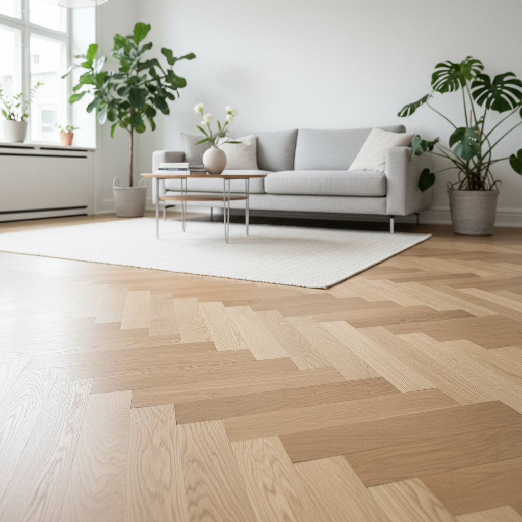 Jasny, przestronny salon w stylu skandynawskim, zalany naturalnym światłem. Centralnym punktem jest piękna podłoga z litego drewna dębowego o widocznym usłojeniu, ułożona w klasyczną jodełkę. Na podłodze leży minimalistyczny, jasny dywan. W tle widać nowoczesną sofę i kilka roślin doniczkowych. Zdjęcie ma ciepłą, przytulną atmosferę, podkreślając elegancję i naturalność drewnianej podłogi. Perspektywa z niskiego kąta, aby wyeksponować podłogę. Wysoka rozdzielczość, fotorealistyczny styl.