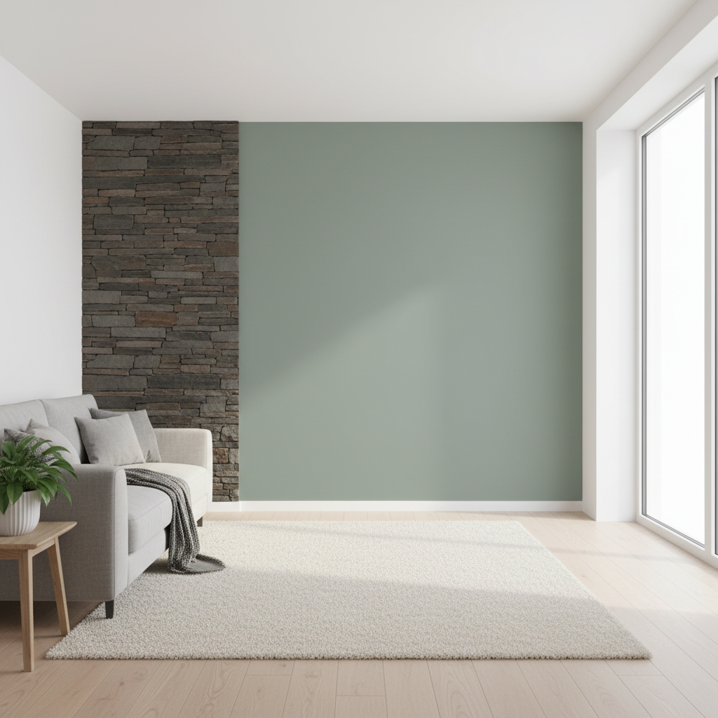 Jasne, nowoczesne wnętrze salonu w stylu skandynawskim. Centralnym punktem jest ściana akcentowa, dawniej z surowego, ciemnego kamienia, teraz pomalowana na elegancki, matowy odcień szałwiowej zieleni. Obok stoi minimalistyczna sofa, a na podłodze leży miękki dywan. Światło z dużego okna subtelnie podkreśla fakturę pomalowanego kamienia, pokazując udaną metamorfozę wnętrza.