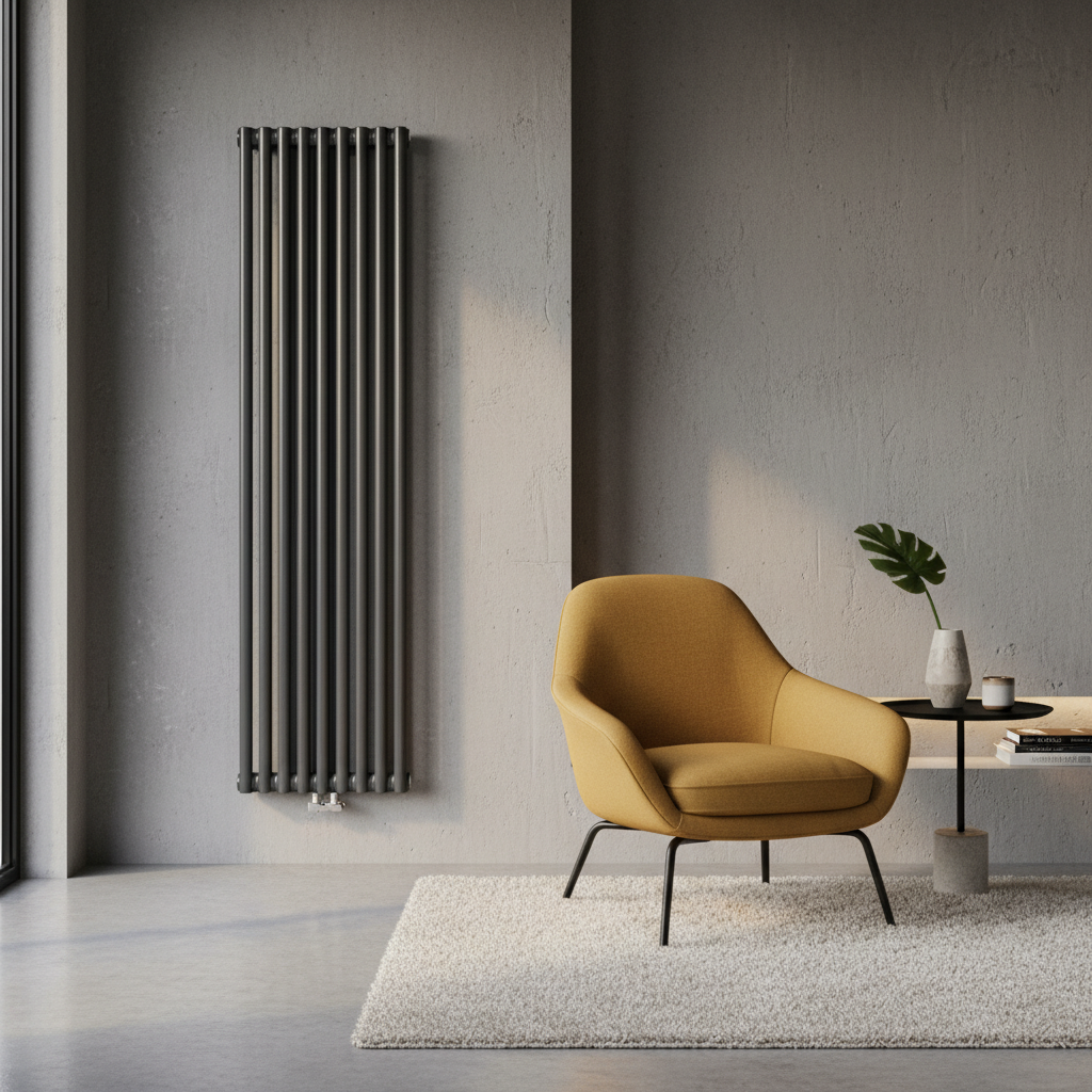 Elegancki, minimalistyczny salon z betonową ścianą. Na jej tle wyróżnia się grafitowy, pionowy grzejnik Purmo Delta Laserline. Obok grzejnika stoi nowoczesny fotel w kolorze musztardowym, a na podłodze leży miękki dywan. Światło padające z boku podkreśla smukłą formę i precyzję wykonania grzejnika.