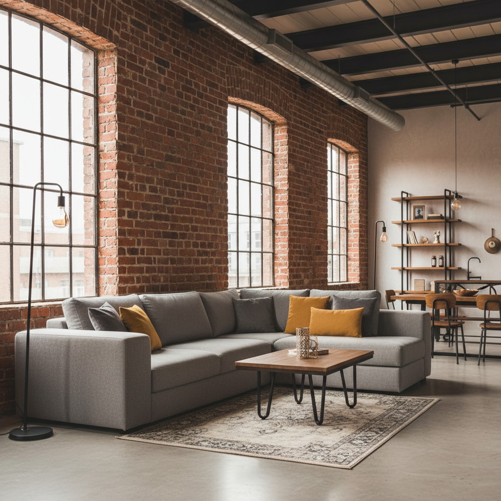 Jasny, przestronny salon w stylu loftowym. Na głównej ścianie znajduje się surowa, czerwona cegła, oświetlona ciepłym światłem z dużych, industrialnych okien. Na tle ceglanej ściany stoi wygodna, szara sofa modułowa z kilkoma poduszkami w kolorze musztardowym i grafitowym. Przed sofą leży dywan w stylu vintage, a na nim niski, drewniany stolik kawowy z metalowymi nogami. W tle widać fragmenty metalowych regałów i nowoczesną lampę podłogową. Całość tworzy przytulną, ale jednocześnie nowoczesną i stylową przestrzeń.