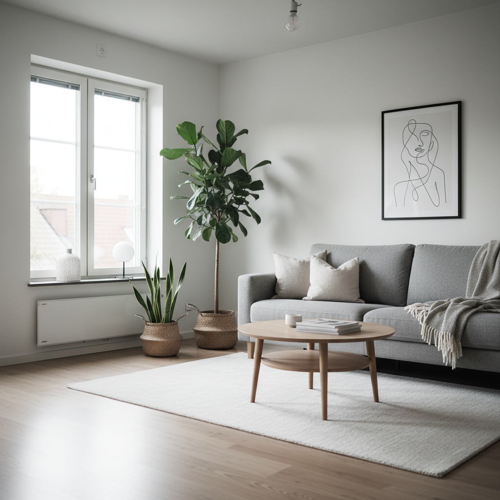 Jasny, nowoczesny salon z dużą kanapą w kolorze szarym, ozdobioną kolorowymi poduszkami. Przez ogromne okno wpada miękkie, naturalne światło słoneczne, oświetlając drewnianą podłogę i stolik kawowy. Na ścianie wisi duży, abstrakcyjny obraz, a w rogach pokoju stoją donice z bujnymi, zielonymi roślinami. Wnętrze emanuje spokojem, ciepłem i nowoczesnym stylem.