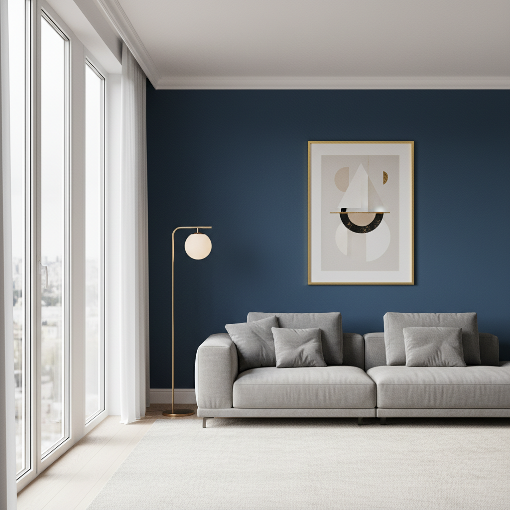 Przestronny, elegancki salon z wysokimi oknami. Jedna ze ścian pomalowana jest na głęboki, granatowy kolor farbą o matowym wykończeniu. Na ścianie wisi prosta, złota rama z abstrakcyjną grafiką. Obok stoi wygodna, szara sofa i nowoczesna lampa podłogowa rzucająca ciepłe, rozproszone światło.