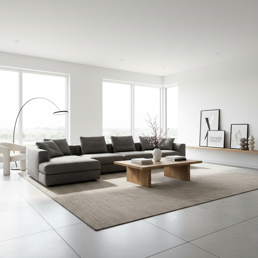 Jasny, przestronny salon urządzony w nowoczesnym, minimalistycznym stylu. Duże okna wpuszczają mnóstwo naturalnego światła, które pada na wygodną, szarą sofę i drewniany stolik kawowy. W tle widać designerską lampę i kilka starannie dobranych dodatków. Całość tworzy atmosferę spokoju, elegancji i komfortu, idealnie obrazując cel profesjonalnej architektury wnętrz.