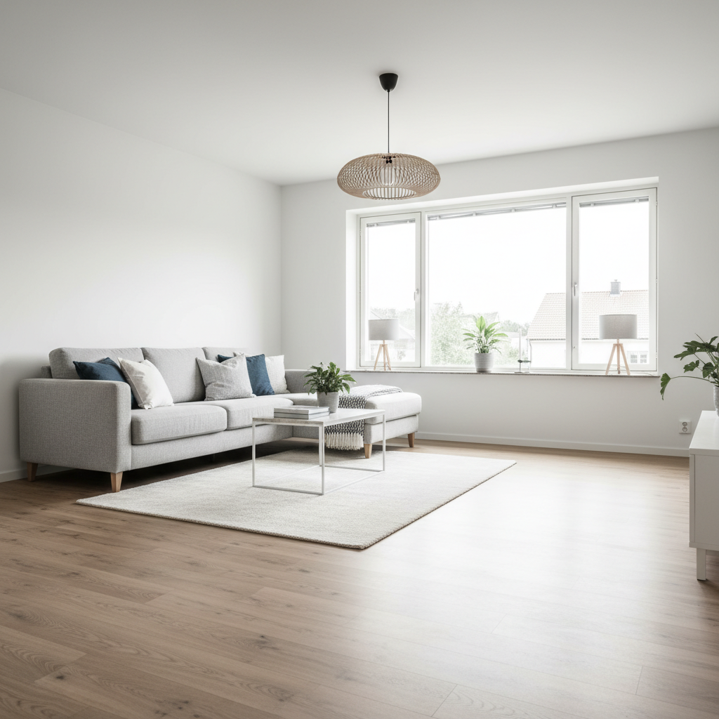 Jasny, przestronny salon urządzony w nowoczesnym, skandynawskim stylu. Duże okno wpuszcza mnóstwo naturalnego światła, które pięknie podkreśla strukturę nowo ułożonych paneli podłogowych o wzorze jasnego dębu. Na podłodze leży miękki, beżowy dywan, a obok stoi wygodna sofa. Wnętrze jest przytulne, czyste i inspirujące.