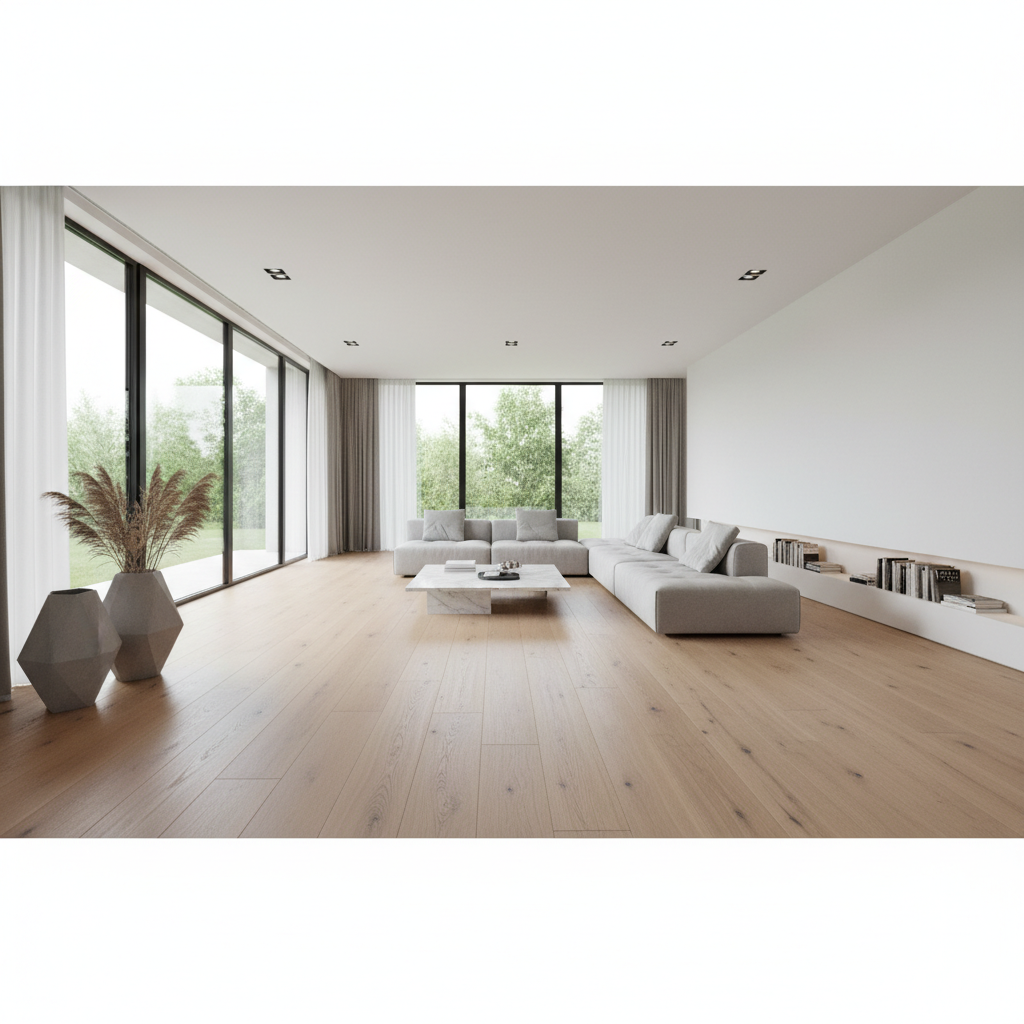 Szerokokątne ujęcie przestronnego, nowoczesnego salonu zalanego naturalnym światłem. Na podłodze widoczne są bardzo długie i szerokie panele podłogowe w odcieniu naturalnego dębu, które optycznie powiększają przestrzeń. Wnętrze jest minimalistycznie urządzone, co pozwala podłodze grać główną rolę w aranżacji.
