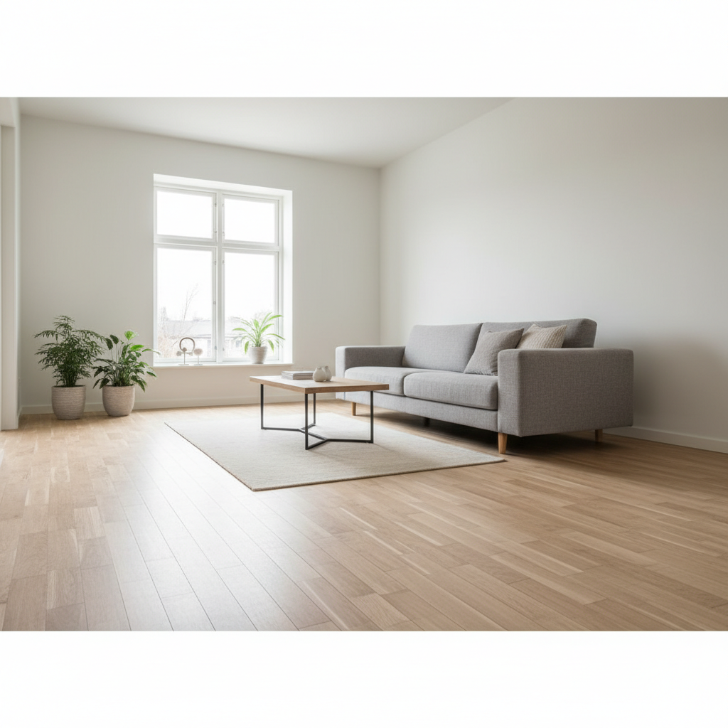 Jasny, przestronny salon w stylu skandynawskim, gdzie centralnym punktem jest podłoga z parkietu przemysłowego z jesionu. Drobne, pionowo ułożone lamele tworzą dynamiczny, mozaikowy wzór. Na podłodze stoi prosta, szara sofa, a obok niej nowoczesny stolik kawowy. Duże okno wpuszcza do wnętrza mnóstwo naturalnego światła, które pięknie podkreśla fakturę drewna.