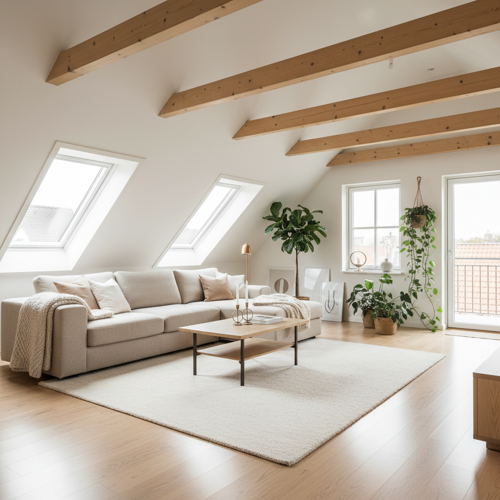 Jasny, przestronny salon na poddaszu z widocznymi, jasnymi drewnianymi belkami stropowymi. Przez duże okna dachowe wpada mnóstwo naturalnego światła, oświetlając wygodną, modułową sofę w kolorze beżu i nowoczesny stolik kawowy. Na podłodzie leży miękki dywan, a w tle widać rośliny doniczkowe, które dodają wnętrzu życia. Całość utrzymana jest w stylu skandynawskim, emanując ciepłem i spokojem.
