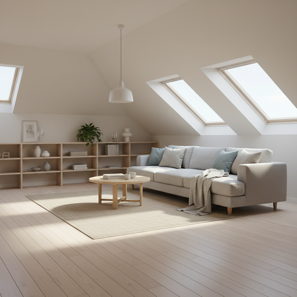 Jasny, przestronny salon na poddaszu w stylu skandynawskim, zalany naturalnym światłem wpadającym przez duże okna dachowe. Wnętrze w jasnych kolorach, z drewnianymi elementami i wygodną sofą. Promienie słońca tworzą piękne refleksy na podłodze. Widok emanuje spokojem i komfortem.