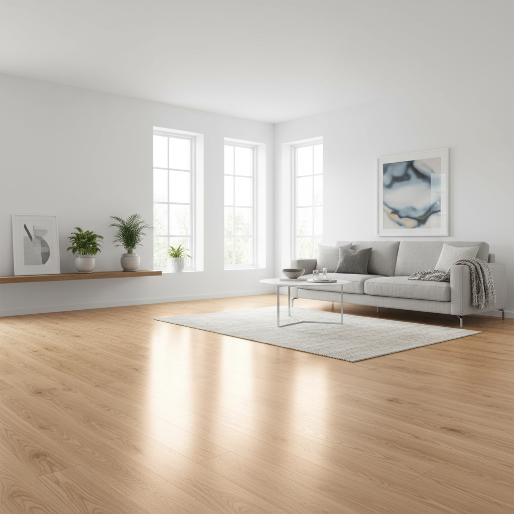 Jasny, przestronny salon w stylu skandynawskim z piękną, nowo położoną podłogą z paneli laminowanych w kolorze naturalnego dębu. Wnętrze jest minimalistycznie urządzone, z dużą ilością naturalnego światła wpadającego przez okna. Podłoga lśni czystością i idealnie komponuje się z nowoczesnymi meblami.