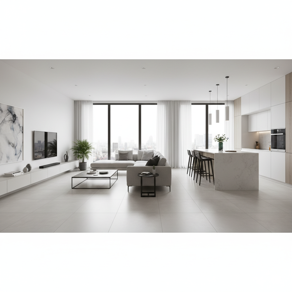 Przestronny, nowocześnie urządzony salon z otwartą kuchnią. Na całej podłodze położono wielkoformatowe, rektyfikowane płytki imitujące jasny beton. Minimalistyczne meble i duże okna podkreślają efekt jednolitej, gładkiej powierzchni, która optycznie powiększa przestrzeń.