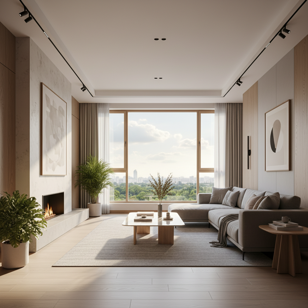 Jasny, przestronny salon w nowoczesnym stylu, z ogromnymi oknami wychodzącymi na południe. Przez okna wpada ciepłe, naturalne światło, oświetlając wygodną, szarą sofę i minimalistyczny stolik kawowy. Wnętrze jest urządzone w stonowanych barwach z akcentami drewna, co tworzy przytulną i spokojną atmosferę.