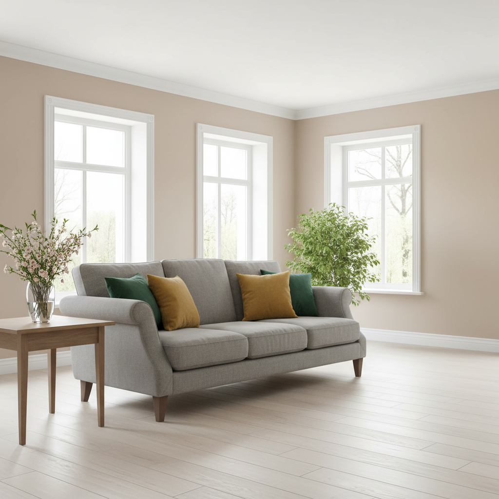 Jasny, przestronny salon z dużymi oknami, przez które wpada naturalne światło. Ściany w neutralnym, ciepłym odcieniu beżu. W centrum stoi prosta, szara sofa o klasycznym kształcie, na której leżą kolorowe poduszki w odcieniach butelkowej zieleni i musztardowej żółci. Obok sofy znajduje się prosty, drewniany stolik kawowy z wazonem świeżych kwiatów. W tle widać dużą, zieloną roślinę doniczkową. Wnętrze jest eleganckie, przytulne i wygląda na takie, które nie wyjdzie z mody.