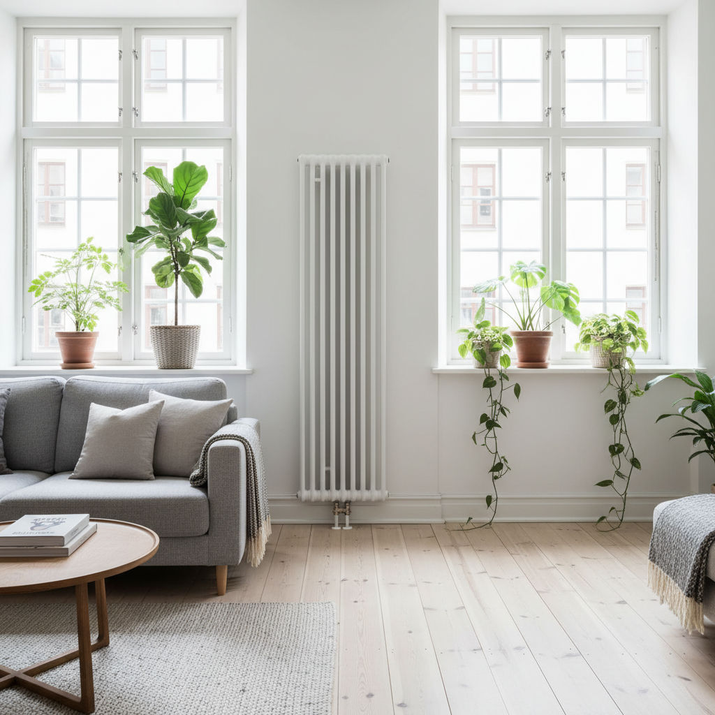Jasny, przestronny salon w stylu skandynawskim, z dużymi oknami i drewnianą podłogą. W centralnym punkcie, pod oknem, stoi elegancki, biały grzejnik kolumnowy Purmo Delta Laserline. Na parapecie obok stoją zielone rośliny doniczkowe. Wnętrze jest minimalistyczne, ale przytulne, a grzejnik stanowi integralny, estetyczny element wystroju.