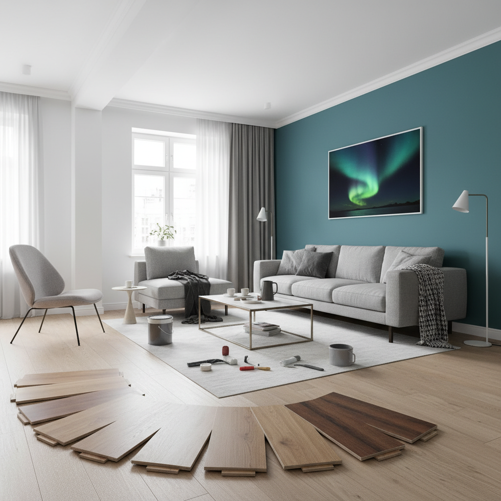 Elegancki, nowocześnie urządzony salon w trakcie odświeżania. Jedna ze ścian jest świeżo pomalowana na modny, głęboki kolor, a na podłodze leżą próbki nowych paneli podłogowych. Wnętrze jest jasne, przestronne i inspirujące, co wizualizuje pozytywny efekt remontu.