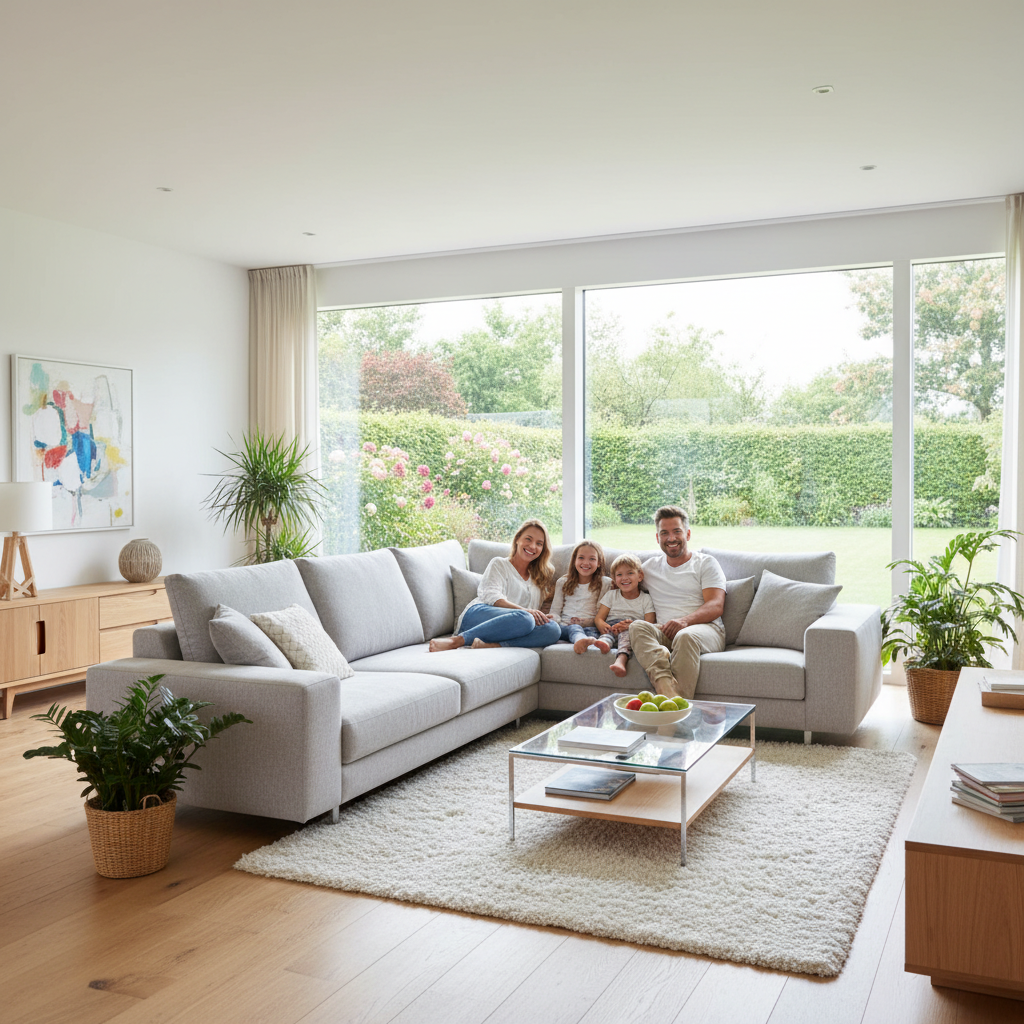 Jasny, przestronny i nowocześnie urządzony salon z dużą kanapą, na której odpoczywa uśmiechnięta rodzina. Wnętrze jest pełne naturalnego światła wpadającego przez duże okna z widokiem na ogród.