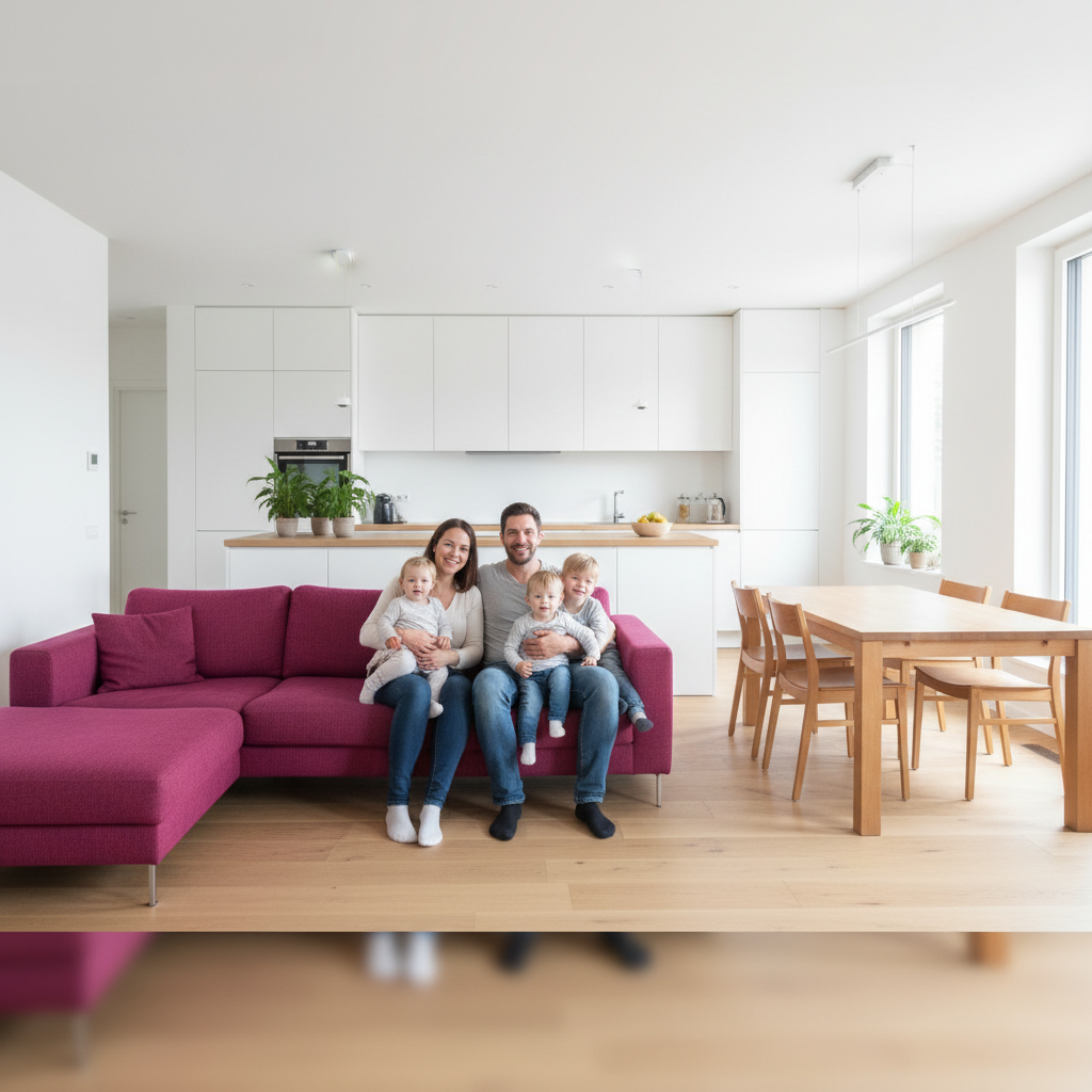 Szerokie ujęcie jasnego salonu połączonego z kuchnią. Centralnym punktem jest duża, narożna kanapa w intensywnym kolorze fuksji. Na niej siedzi uśmiechnięta, młoda rodzina z dwójką małych dzieci. W tle widać minimalistyczną białą kuchnię z drewnianym blatem i duży stół. Wnętrze jest pełne naturalnego światła, co tworzy ciepłą i przyjazną atmosferę.