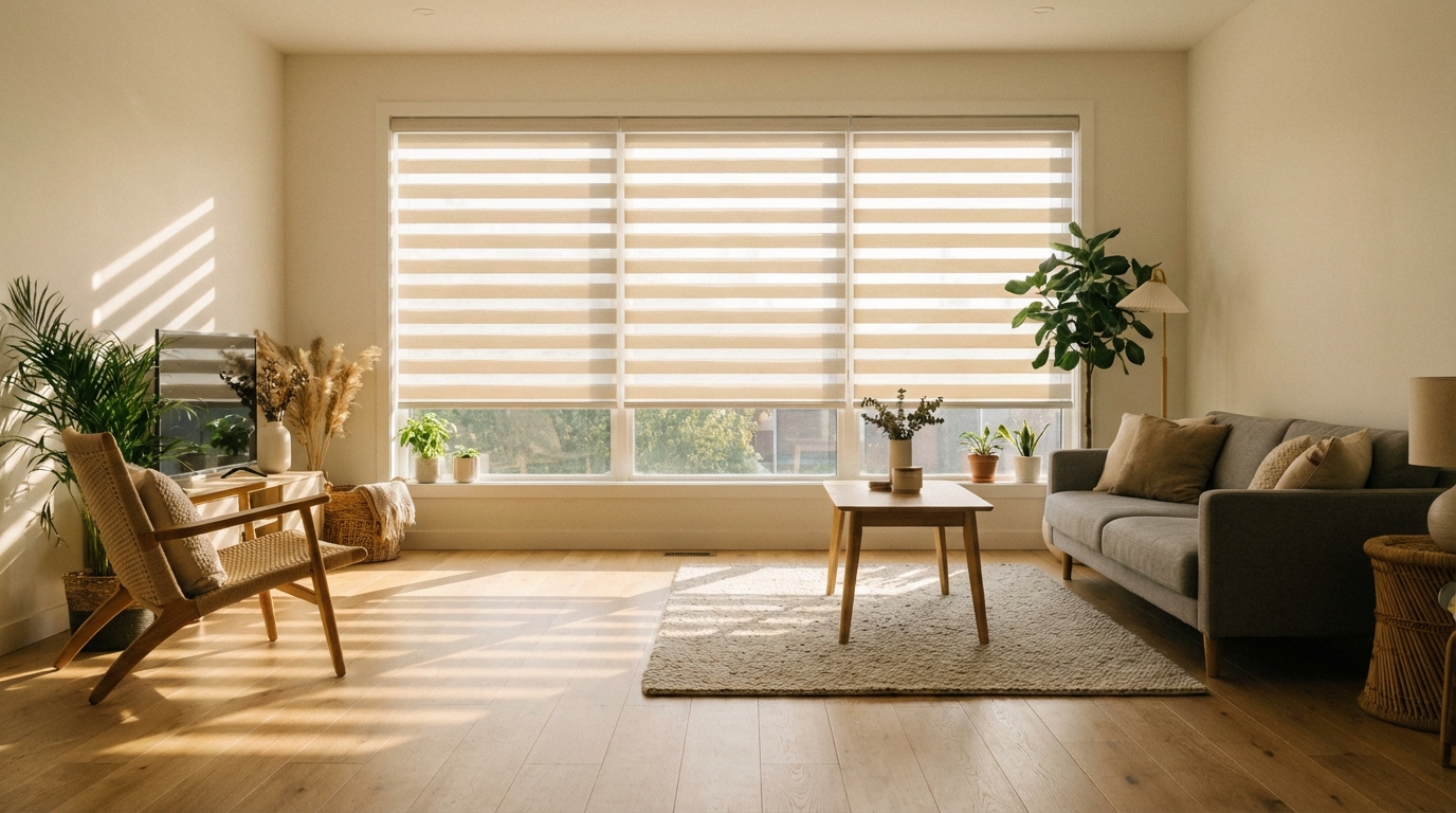 Jasny, przestronny salon w stylu skandynawskim z dużym oknem. Na oknie zamontowane są estetyczne rolety wewnętrzne typu dzień/noc, które delikatnie filtrują popołudniowe słońce, tworząc miękkie cienie na drewnianej podłodze.